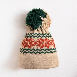 Vintage The Mountain Lid Fair Isle Pom Beanie Tan Aspen Colorado Snowflake